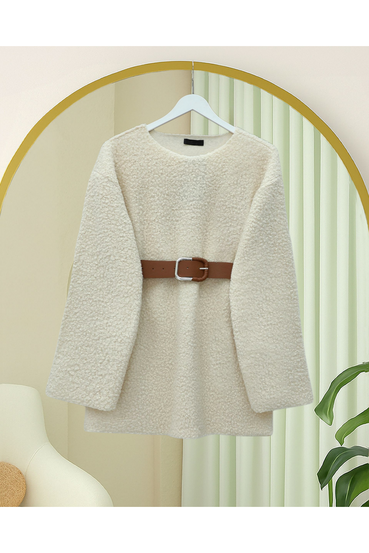 Thick  Belted Boucle Sweater -Ecru