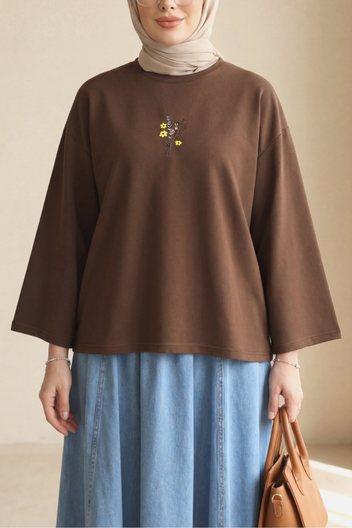 Round Neck Loose Fit Cotton Tunic with Floral Embroidery on the Front -Brown