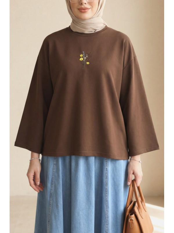 Round Neck Loose Fit Cotton Tunic with Floral Embroidery on the Front -Brown
