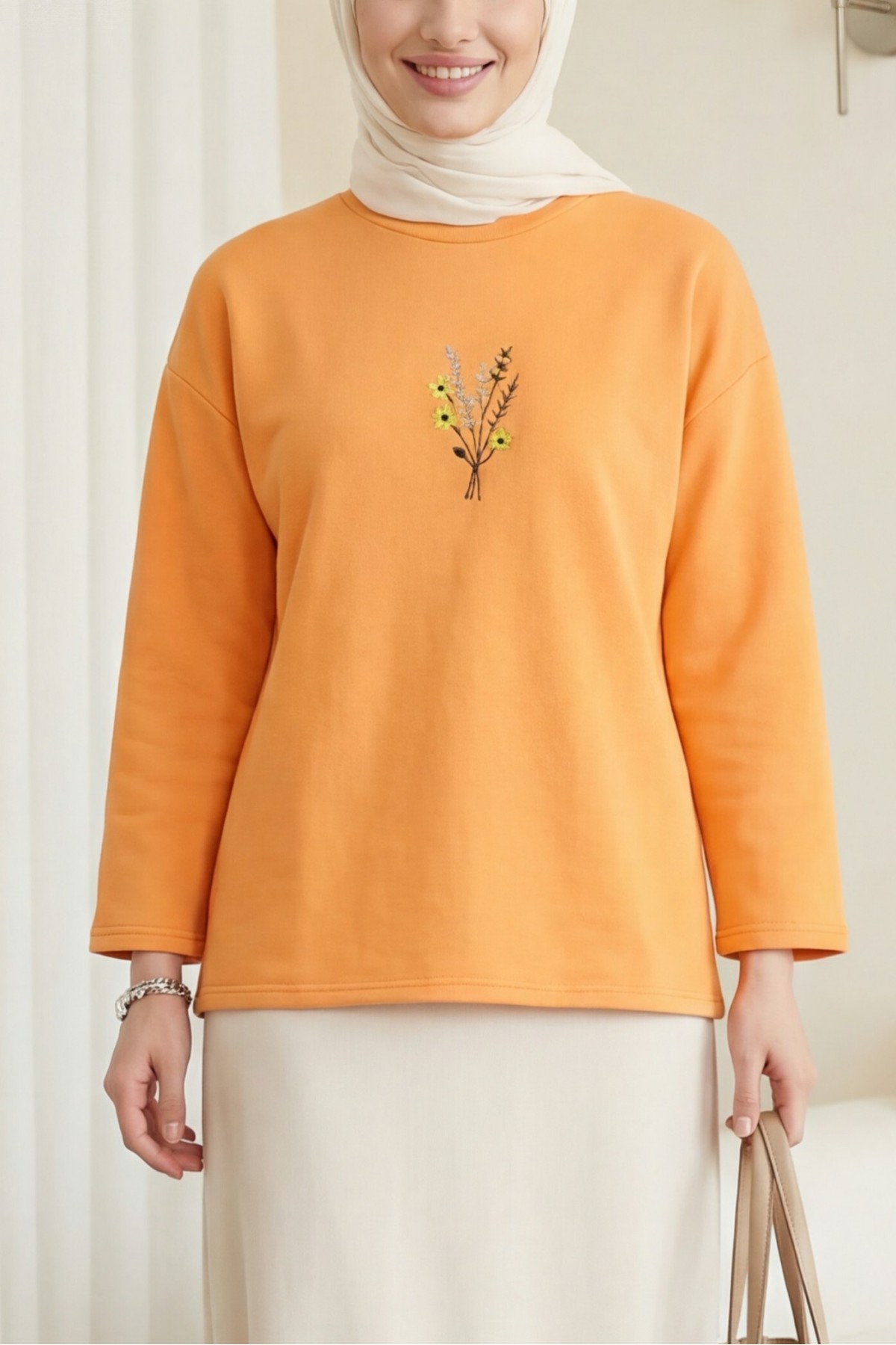 Round Neck Loose Fit Jersey Blouse with Floral Embroidery on the Front     -Orange