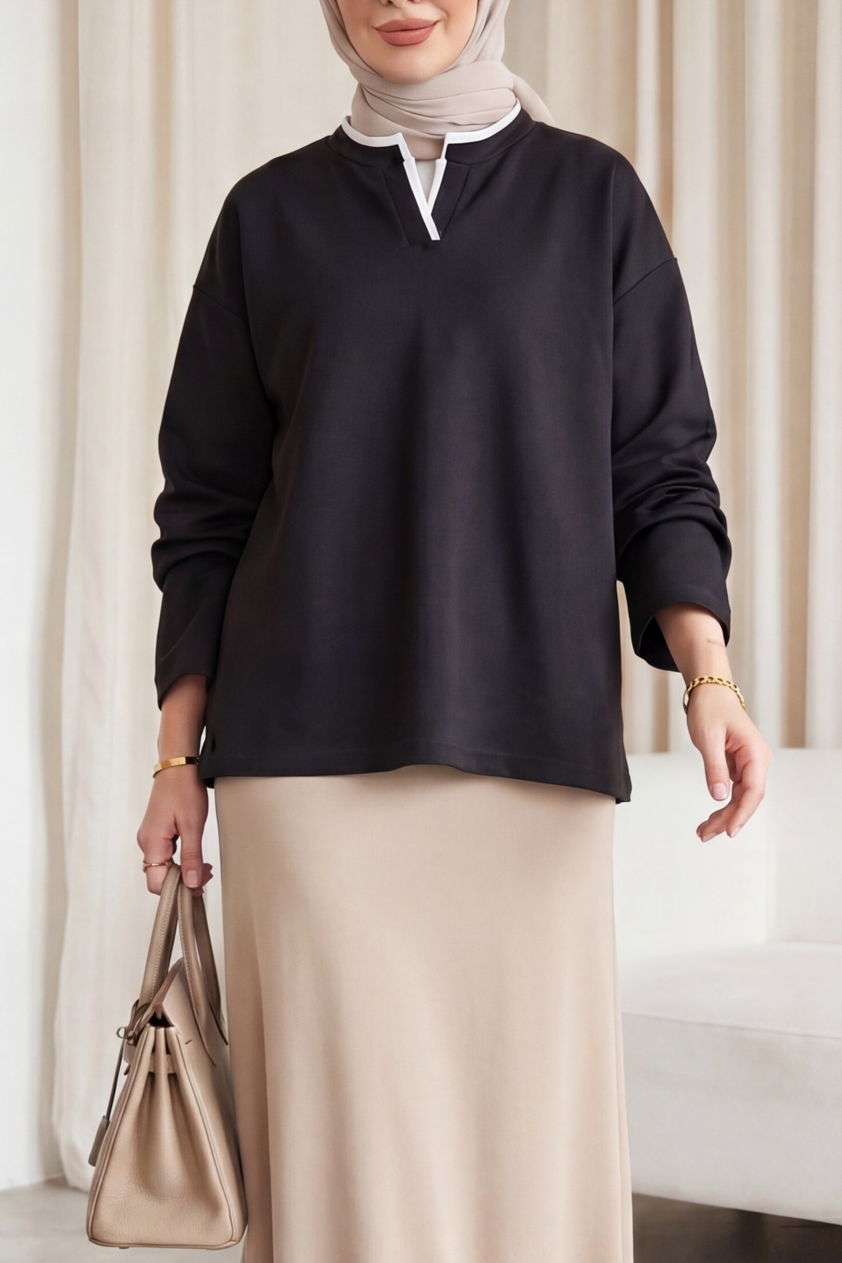 V-Neck Double Layer 2-Thread Cotton Blouse -Black