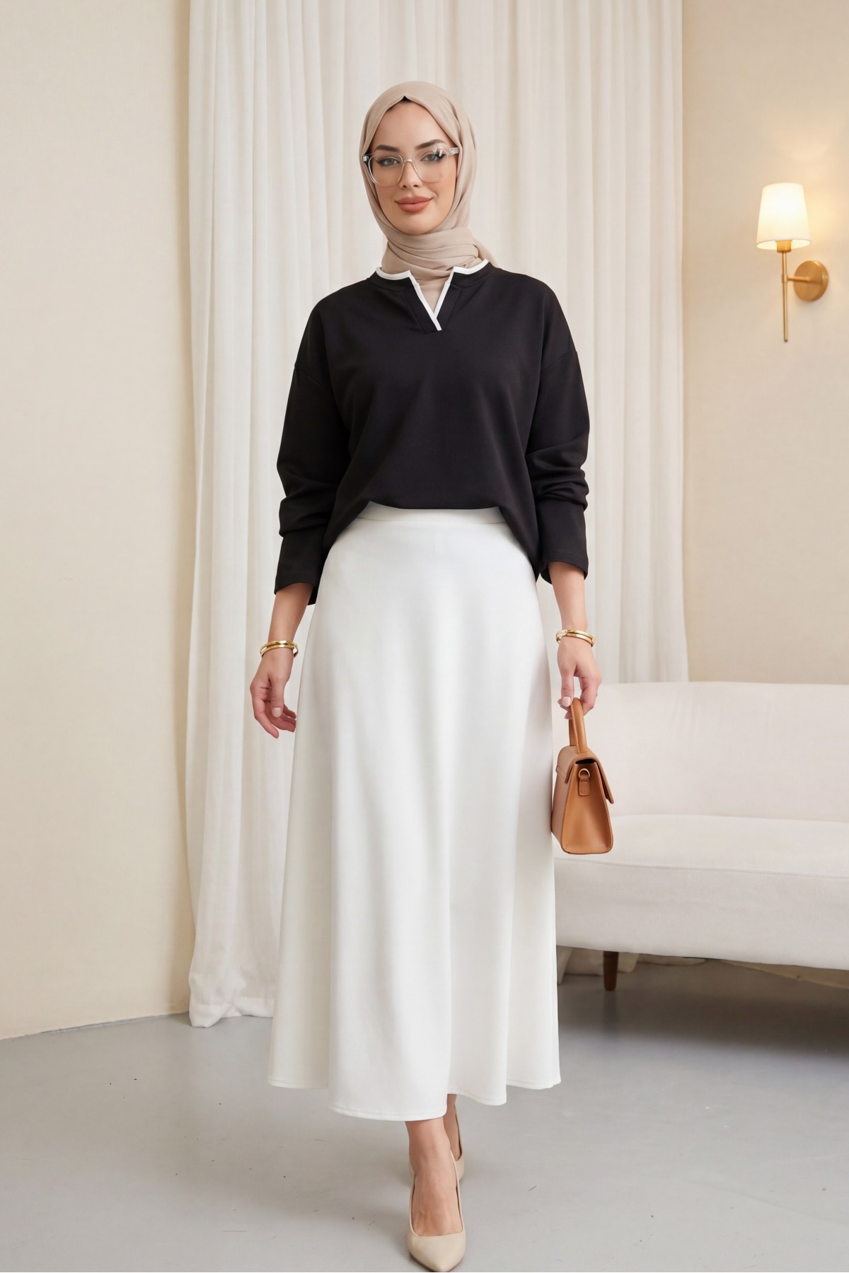 V-Neck Double Layer 2-Thread Cotton Blouse -Black