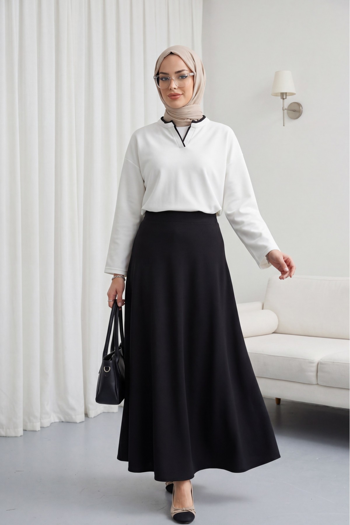 V-Neck Double Layer 2-Thread Cotton Blouse -White