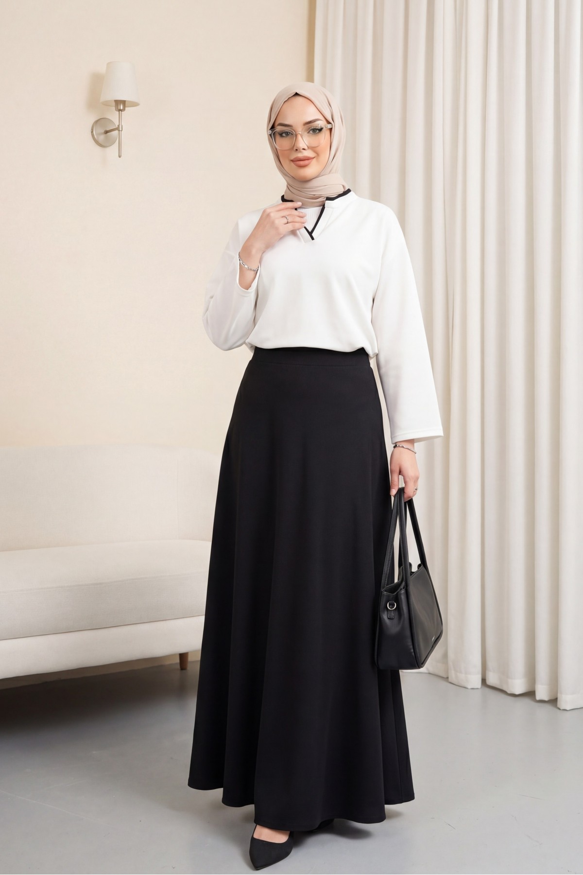 V-Neck Double Layer 2-Thread Cotton Blouse -White
