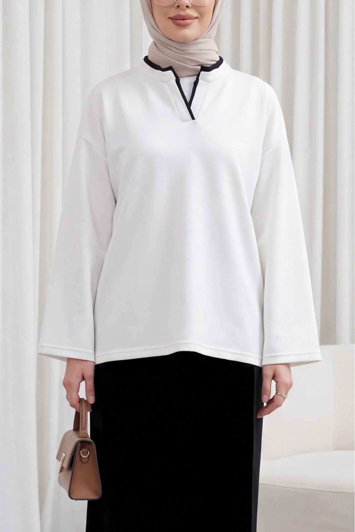 V-Neck Double Layer 2-Thread Cotton Blouse -White