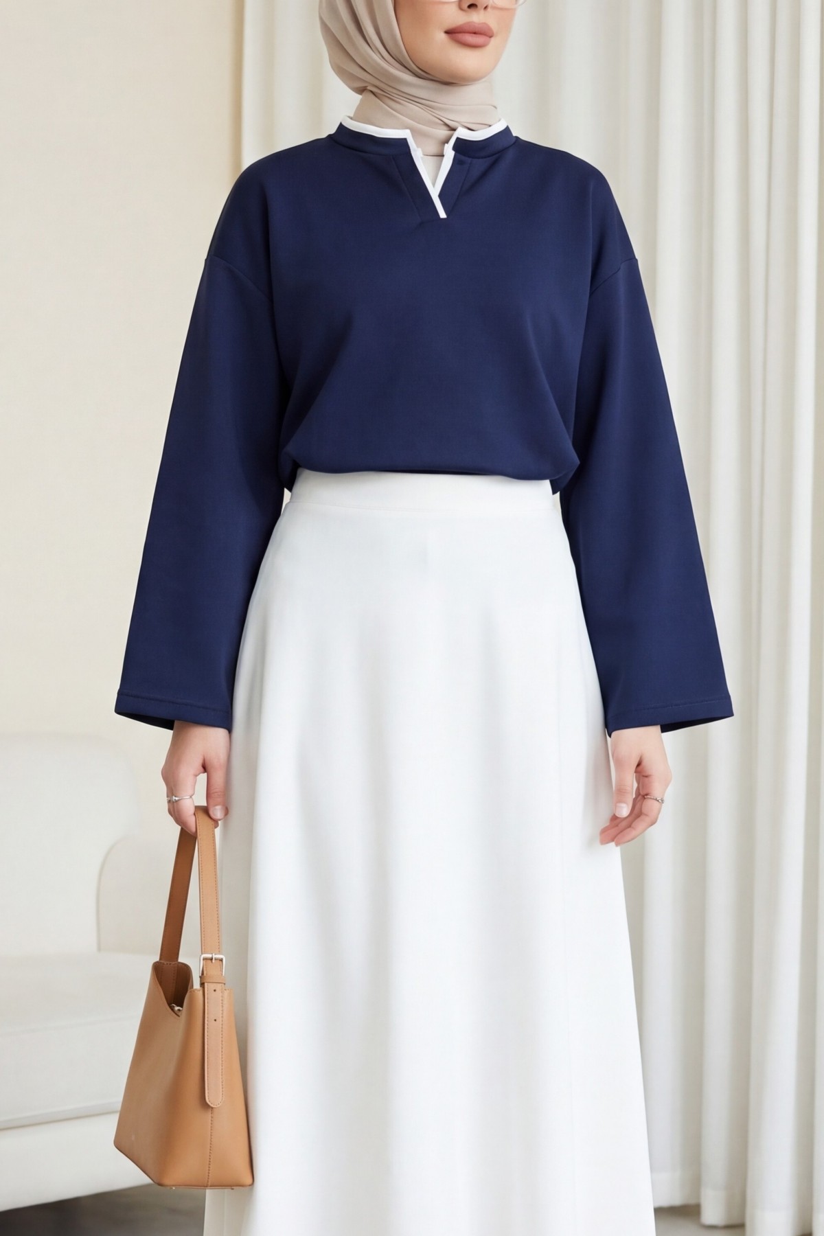 V-Neck Double Layer 2-Thread Cotton Blouse -Navy blue