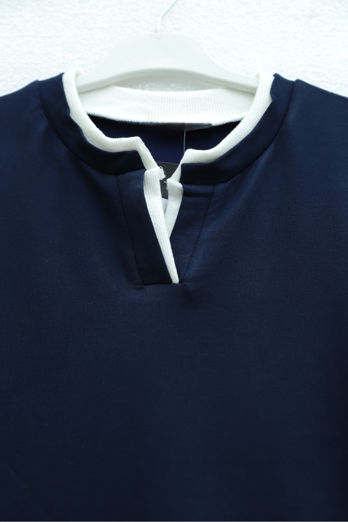 V-Neck Double Layer 2-Thread Cotton Blouse -Navy blue