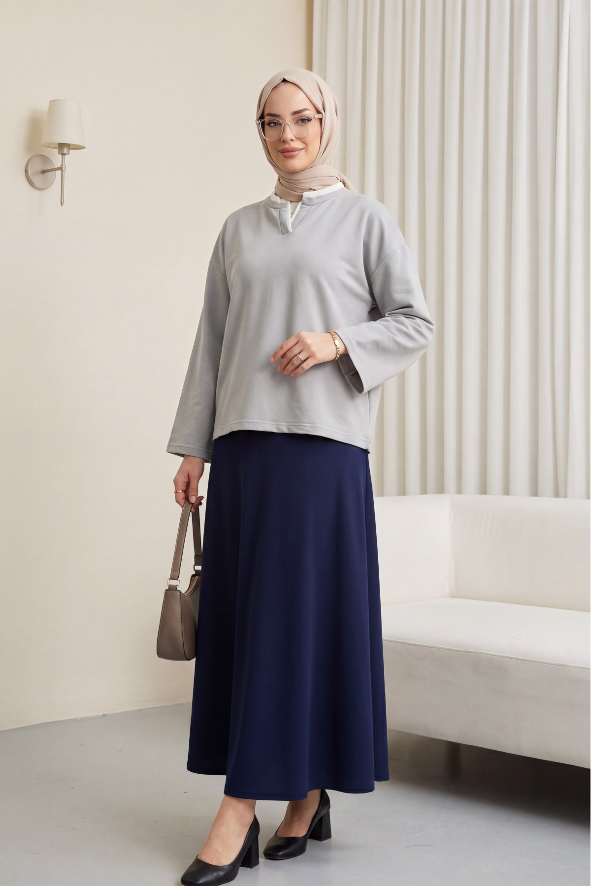 V-Neck Double Layer 2-Thread Cotton Blouse -Grey
