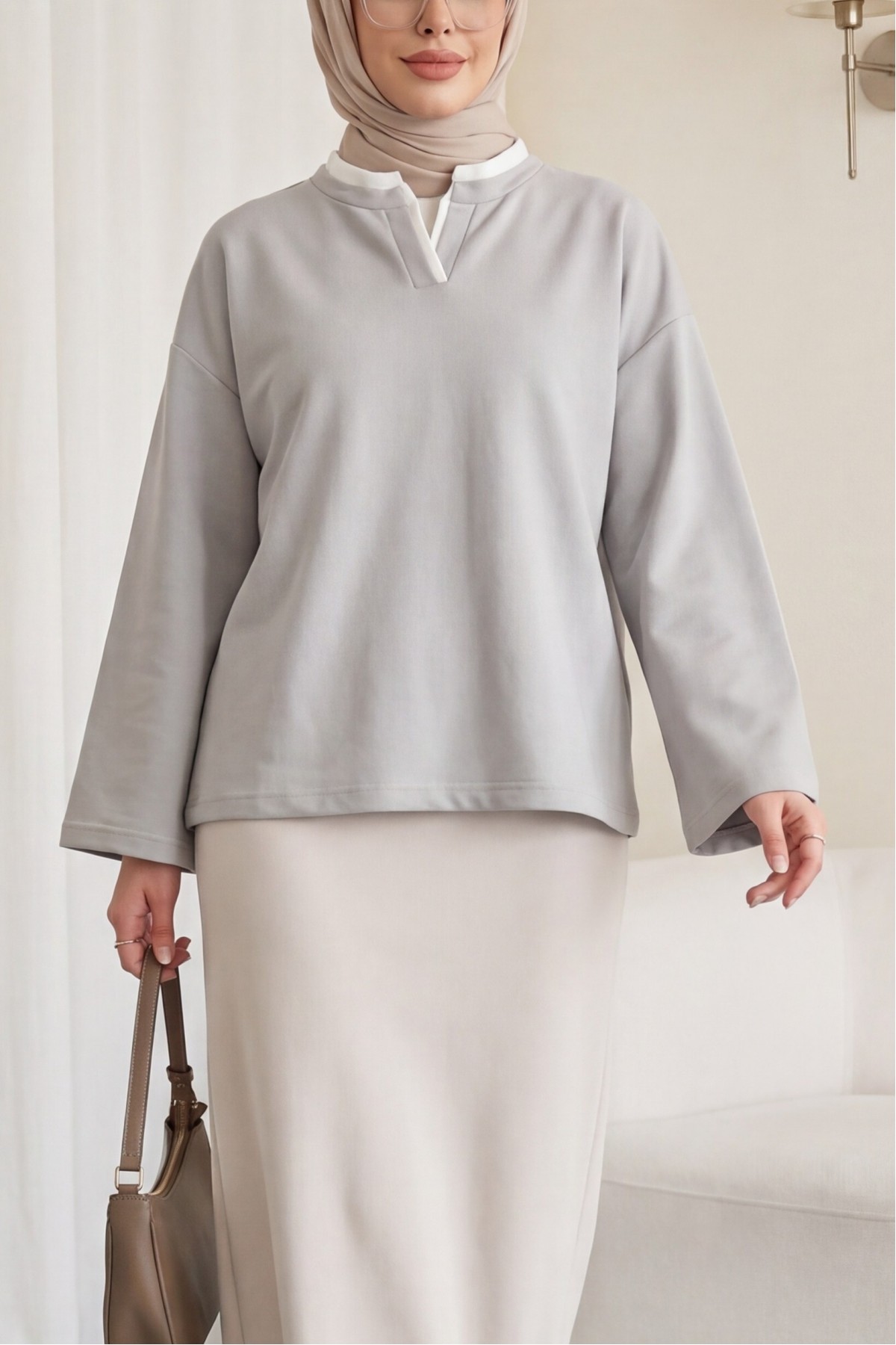 V-Neck Double Layer 2-Thread Cotton Blouse -Grey