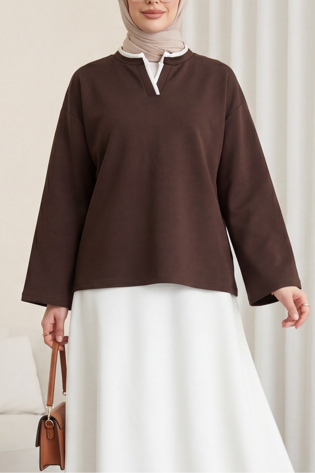 V-Neck Double Layer 2-Thread Cotton Blouse -Brown