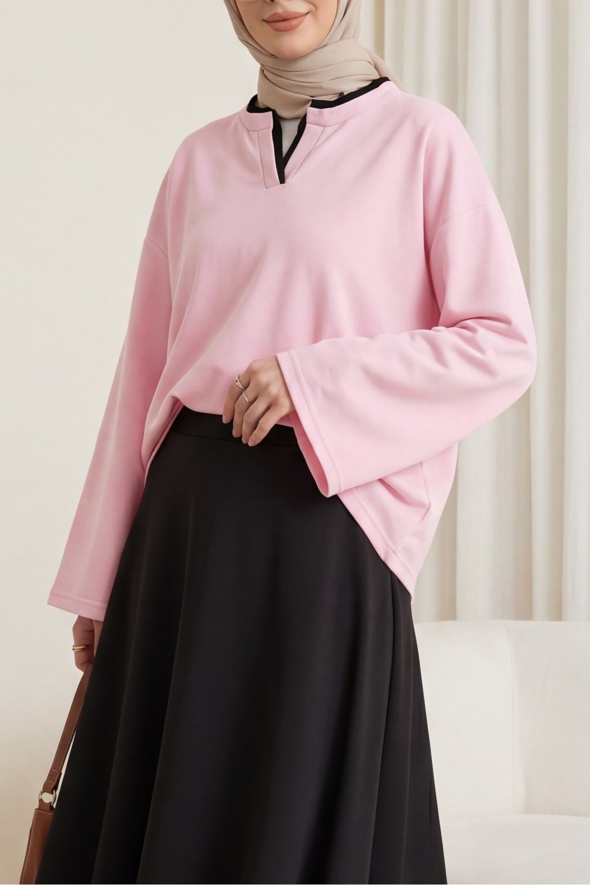 بلوزة قطنية مزدوجة الطبقات بياقة على شكل حرف V وخيطين -وردي