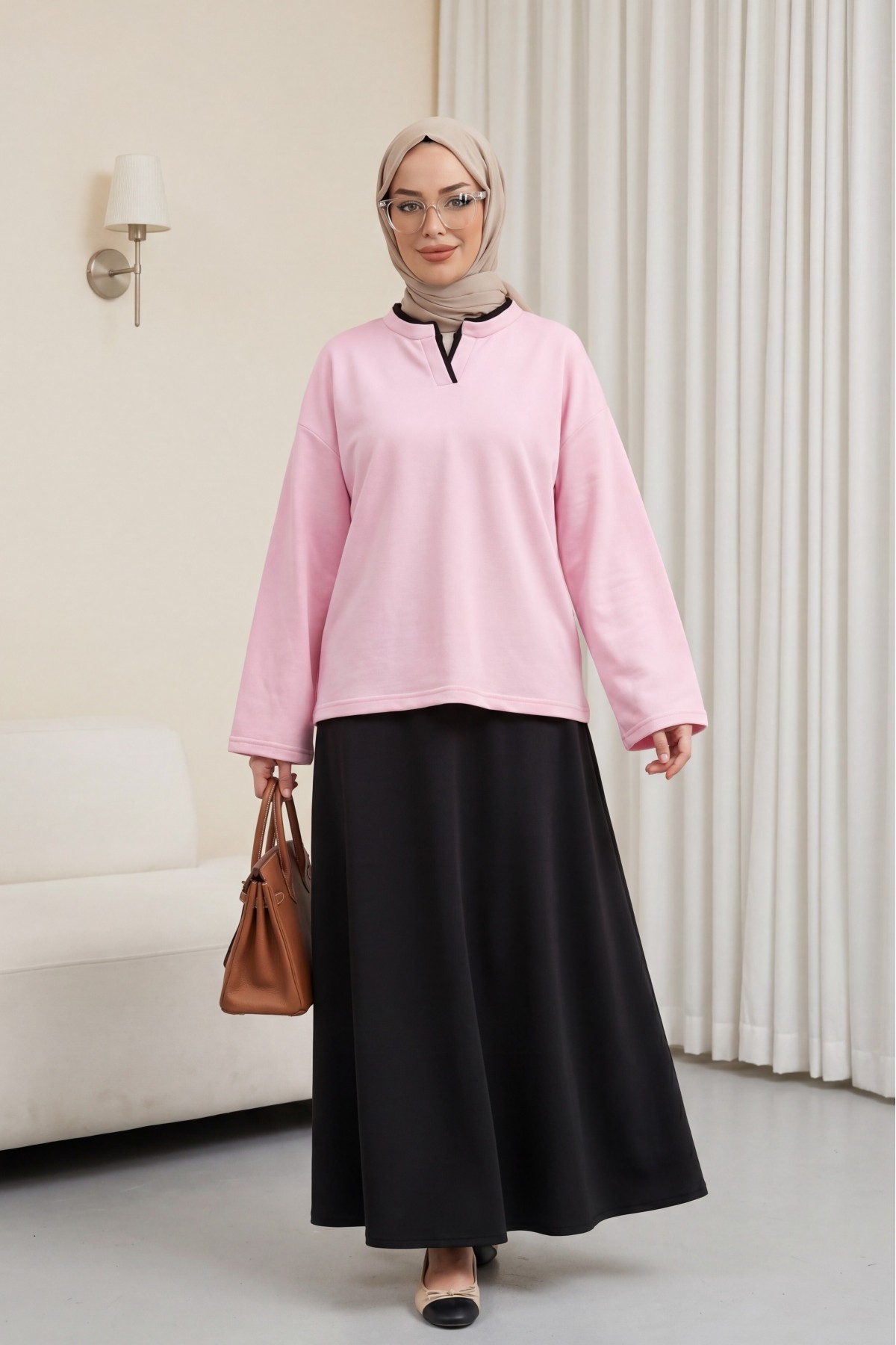 بلوزة قطنية مزدوجة الطبقات بياقة على شكل حرف V وخيطين -وردي