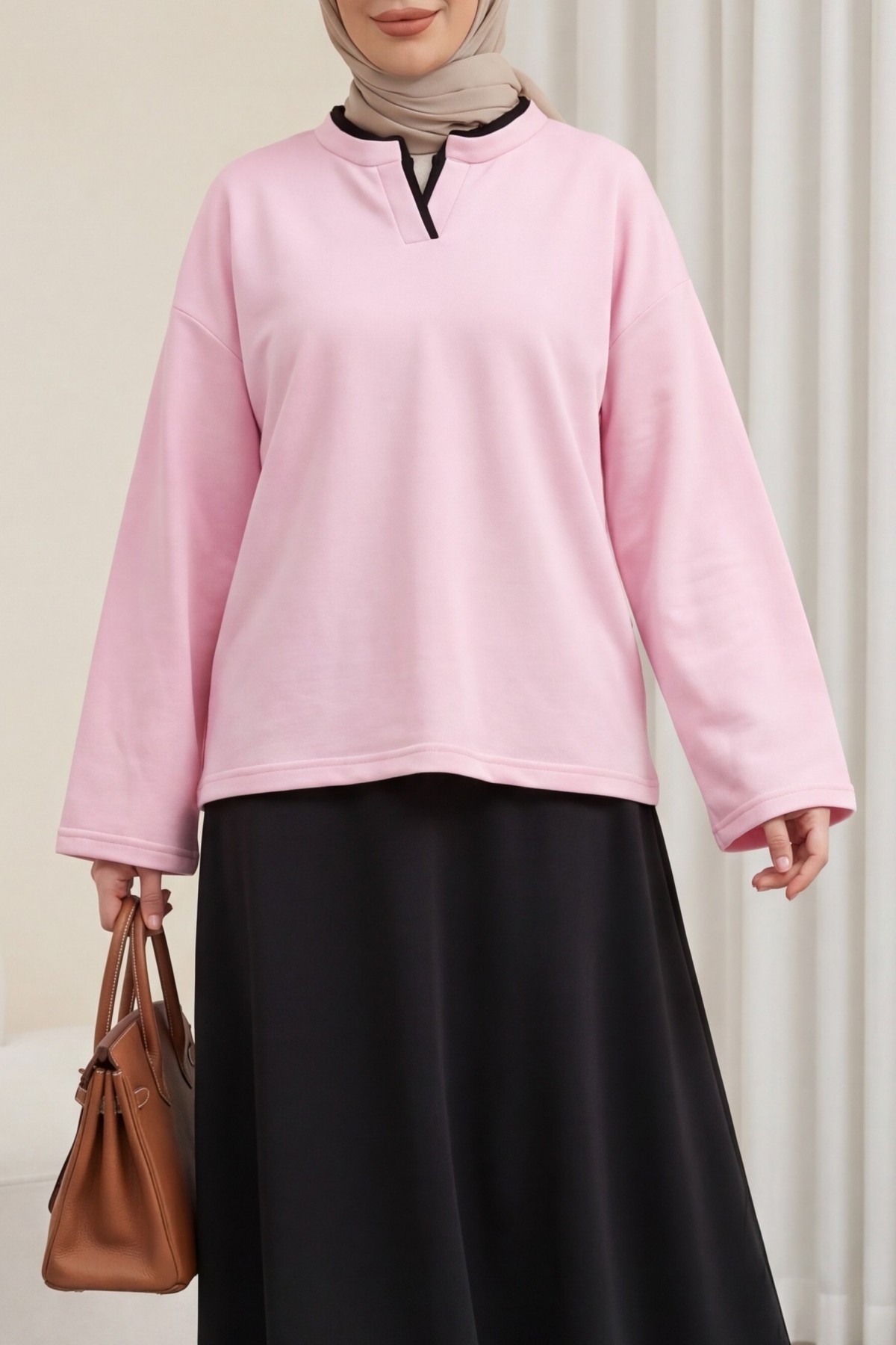 بلوزة قطنية مزدوجة الطبقات بياقة على شكل حرف V وخيطين -وردي