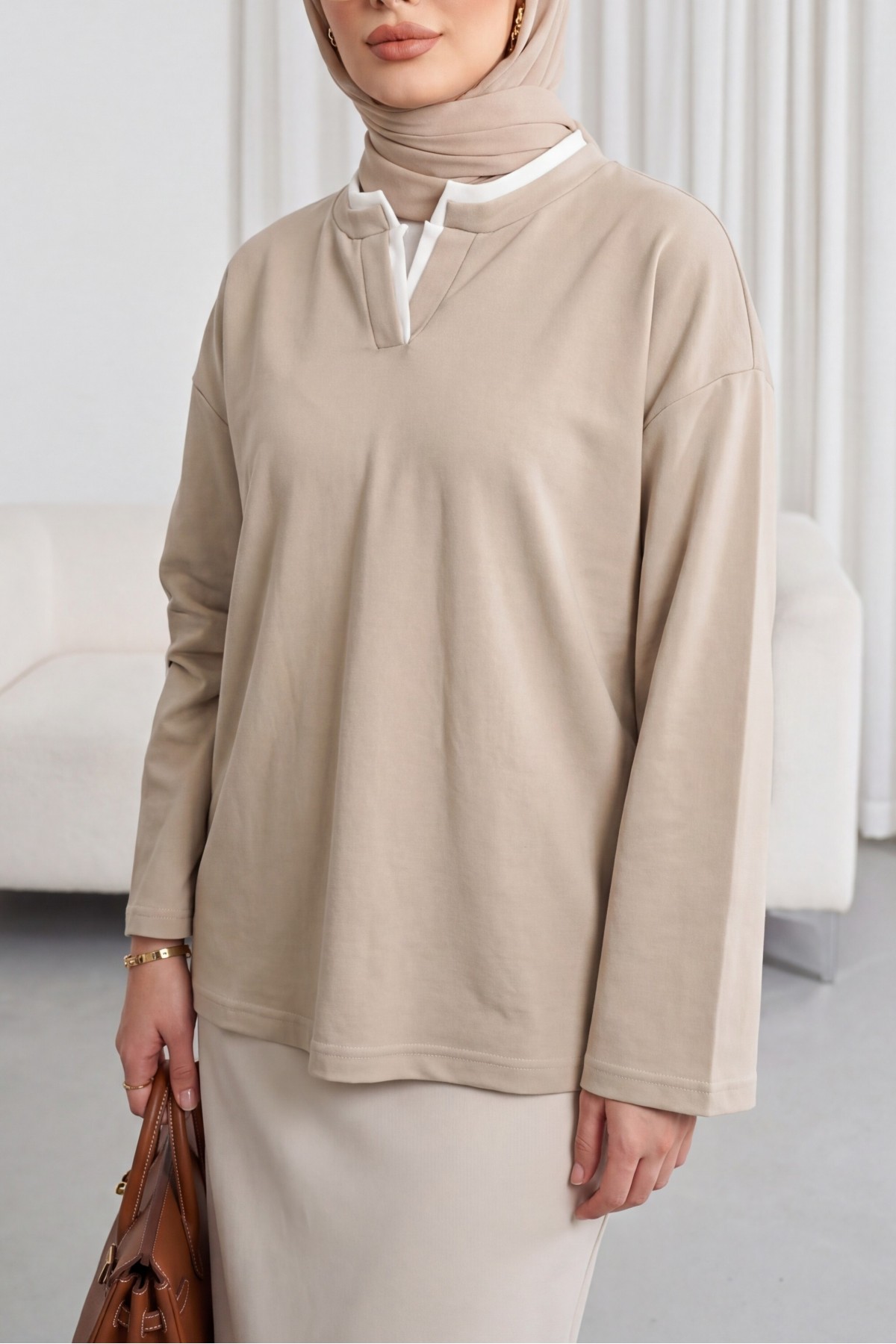 V-Neck Double Layer 2-Thread Cotton Blouse -Light Mink