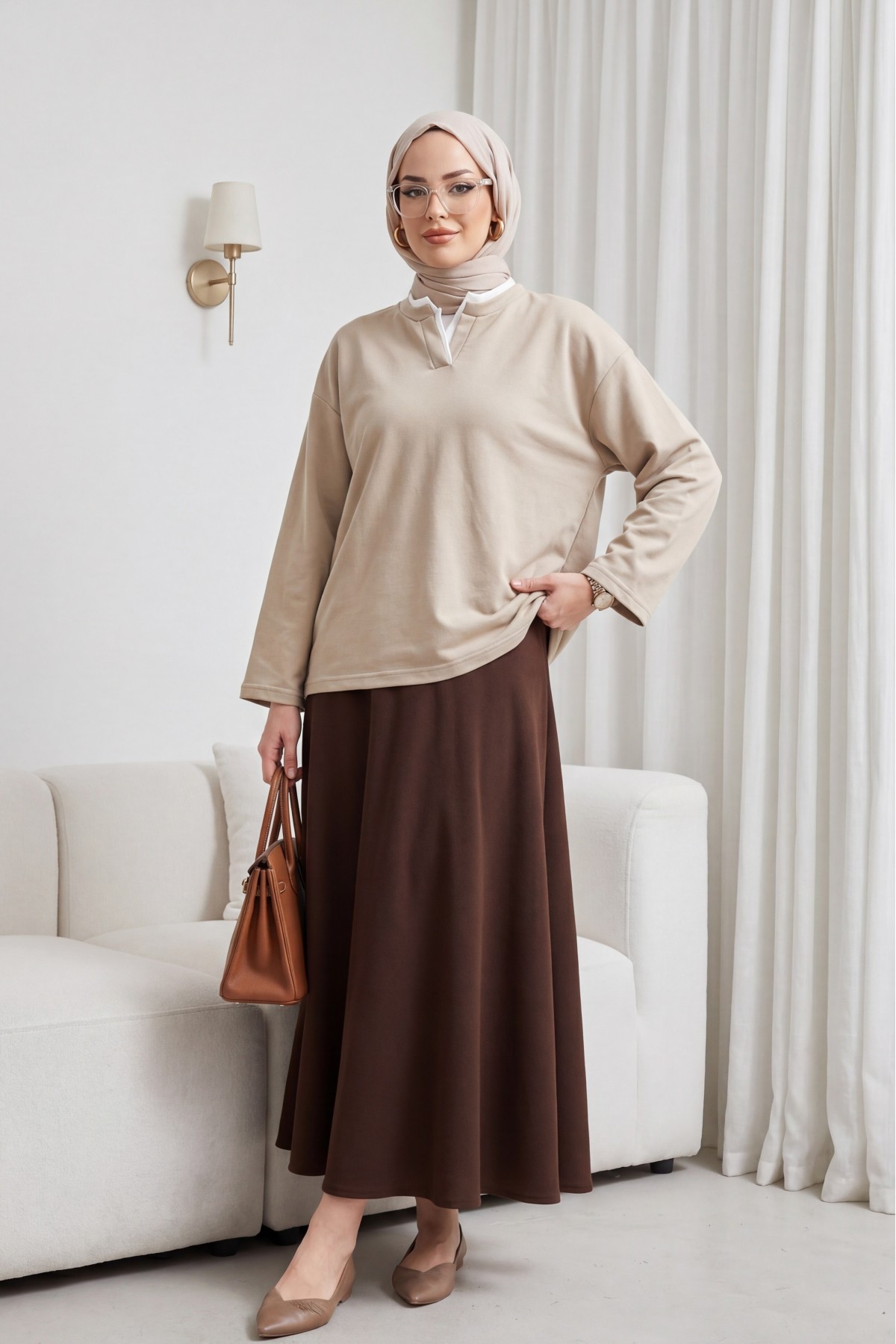 V-Neck Double Layer 2-Thread Cotton Blouse -Light Mink