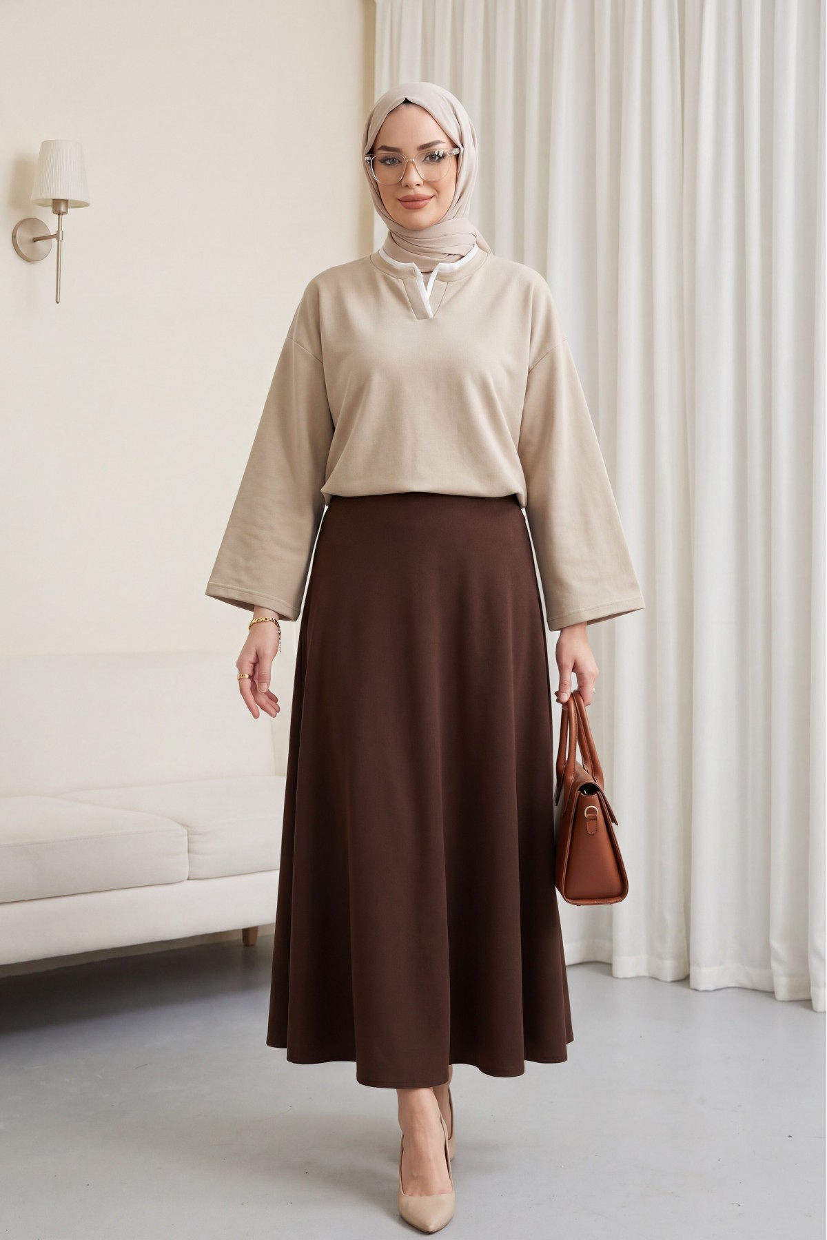 V-Neck Double Layer 2-Thread Cotton Blouse -Light Mink