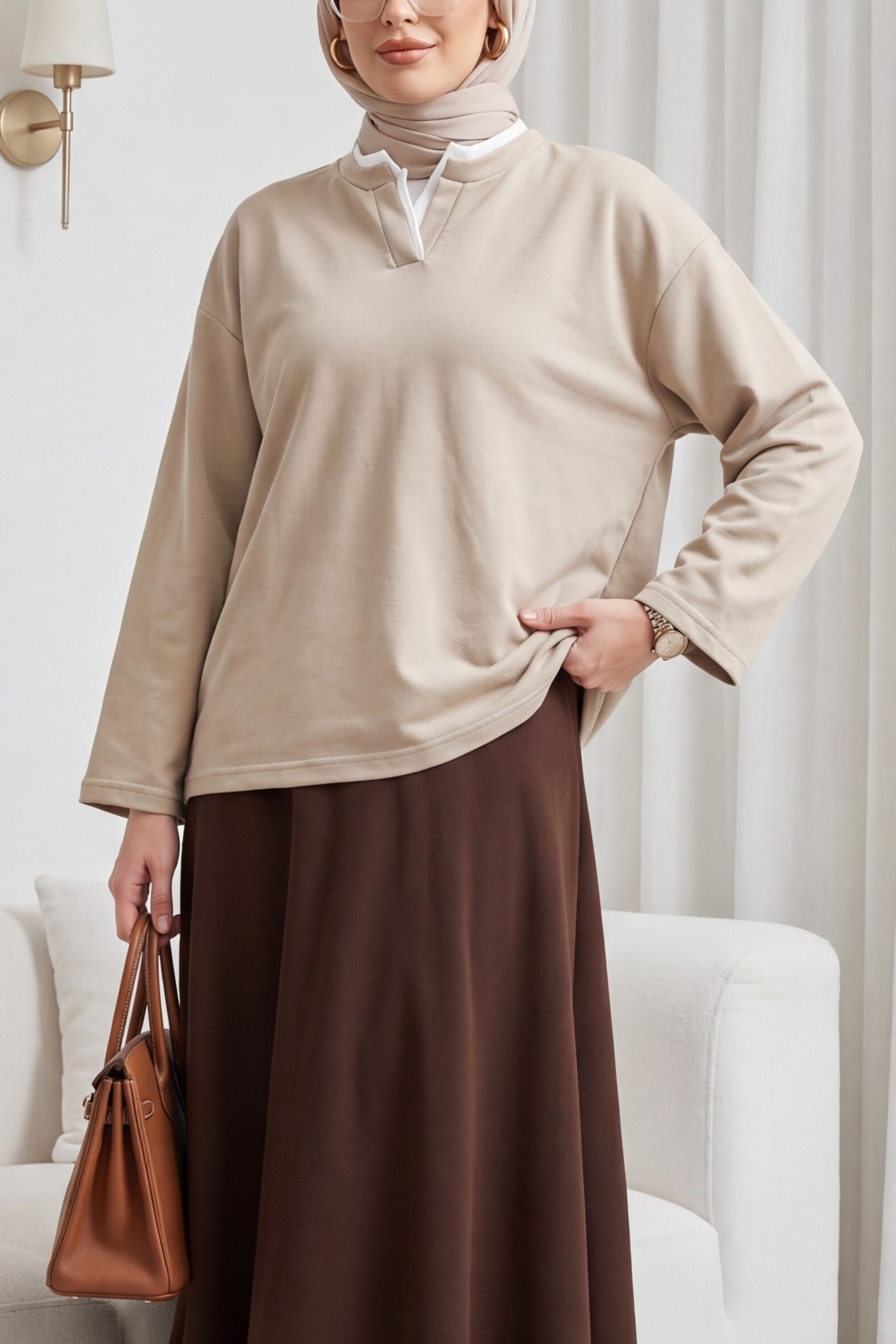 V-Neck Double Layer 2-Thread Cotton Blouse -Light Mink