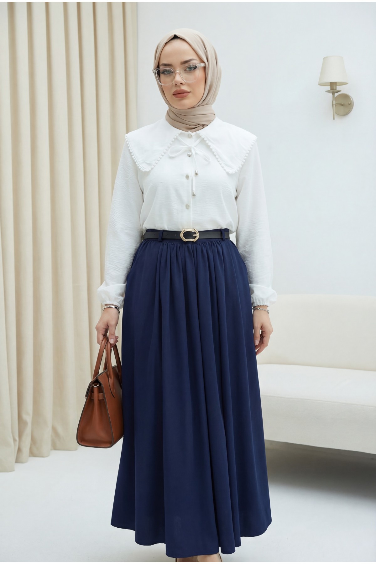 Tokalı Kemerli Piliseli Yan Cepli Fermuarlı Tivil Etek -كحلي