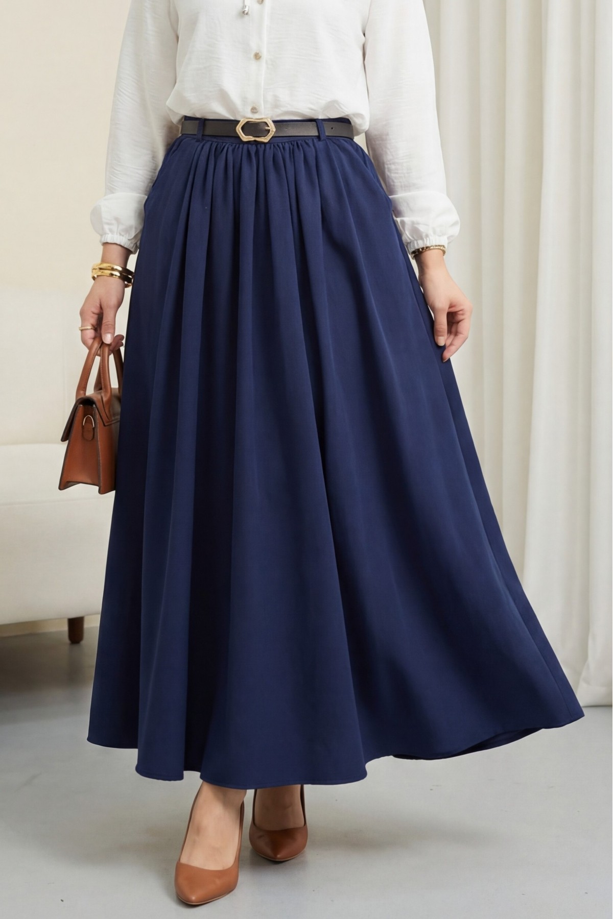 Tokalı Kemerli Piliseli Yan Cepli Fermuarlı Tivil Etek -كحلي