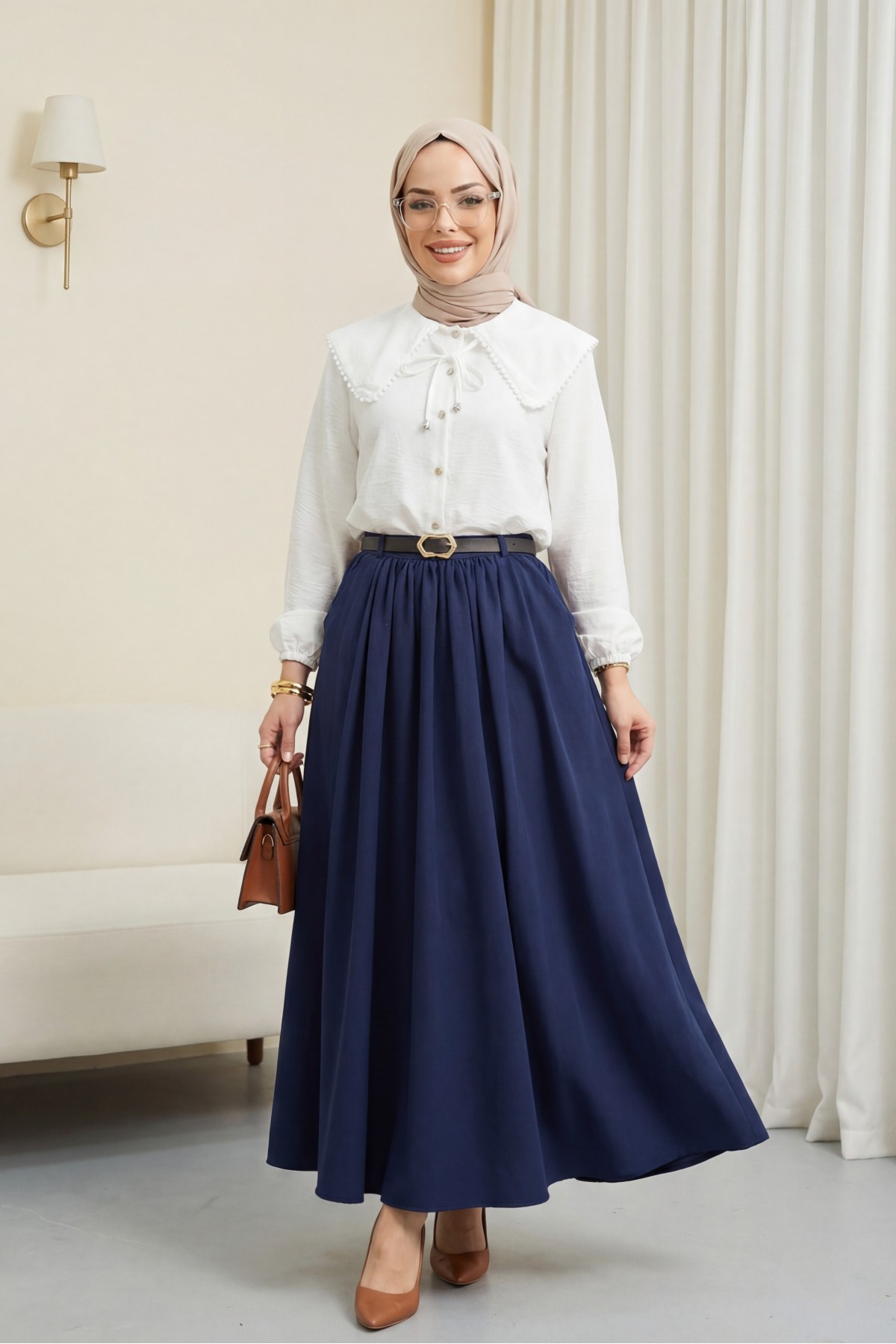 Tokalı Kemerli Piliseli Yan Cepli Fermuarlı Tivil Etek -كحلي