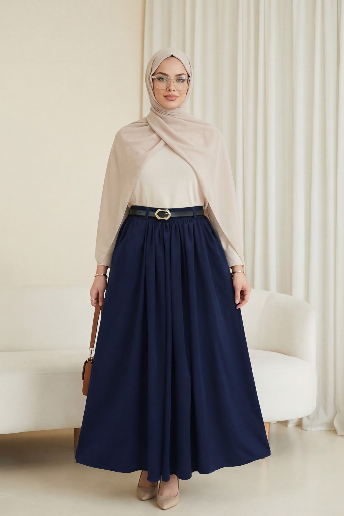 Tokalı Kemerli Piliseli Yan Cepli Fermuarlı Tivil Etek -كحلي