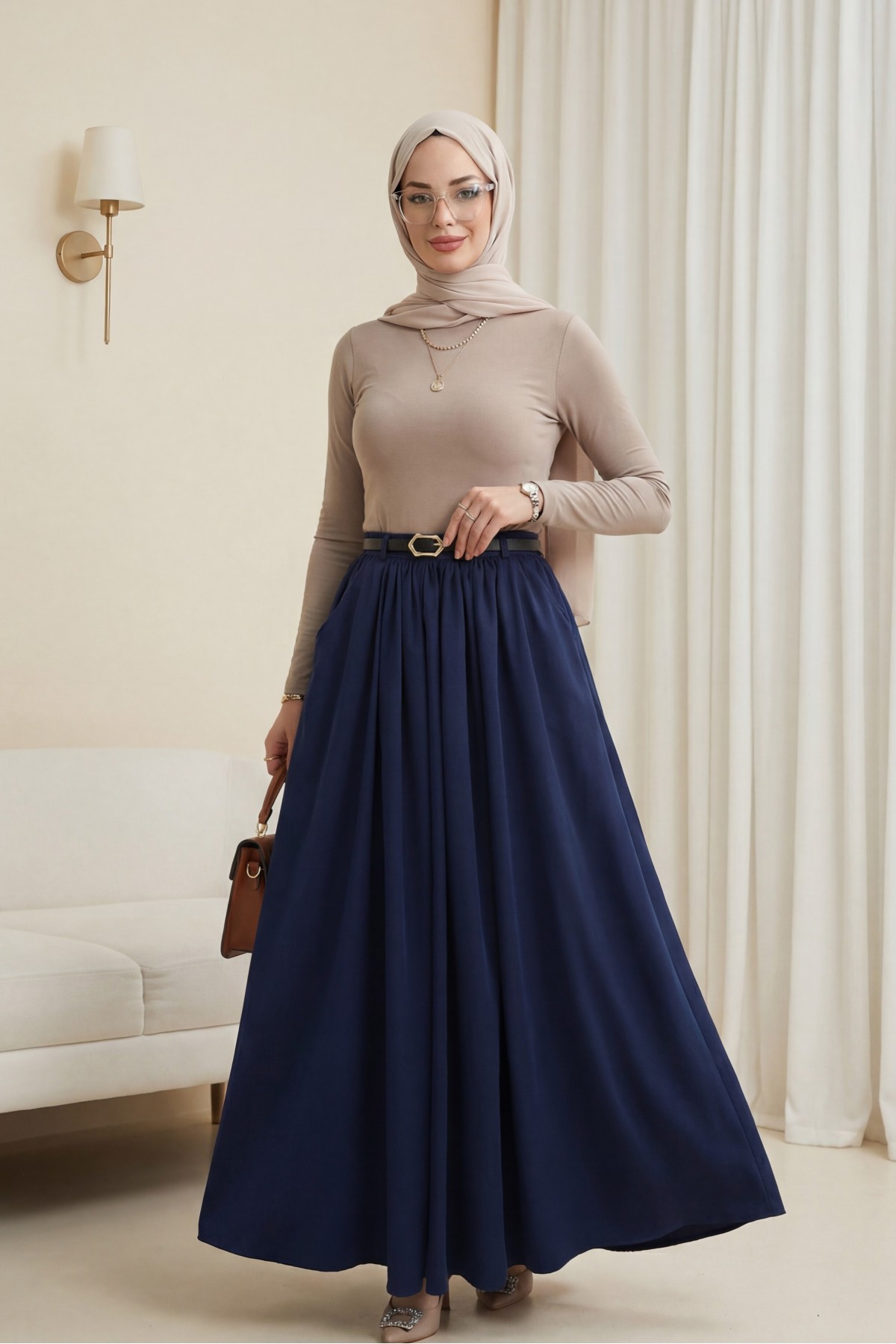 Tokalı Kemerli Piliseli Yan Cepli Fermuarlı Tivil Etek -كحلي