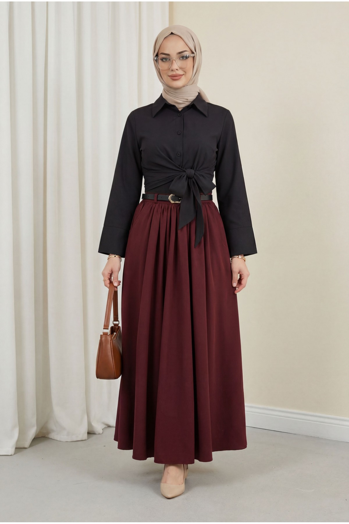 Tokalı Kemerli Piliseli Yan Cepli Fermuarlı Tivil Etek -Bordo
