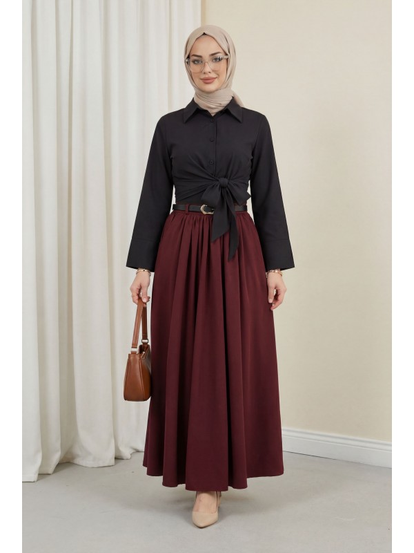 Tokalı Kemerli Piliseli Yan Cepli Fermuarlı Tivil Etek -Bordo