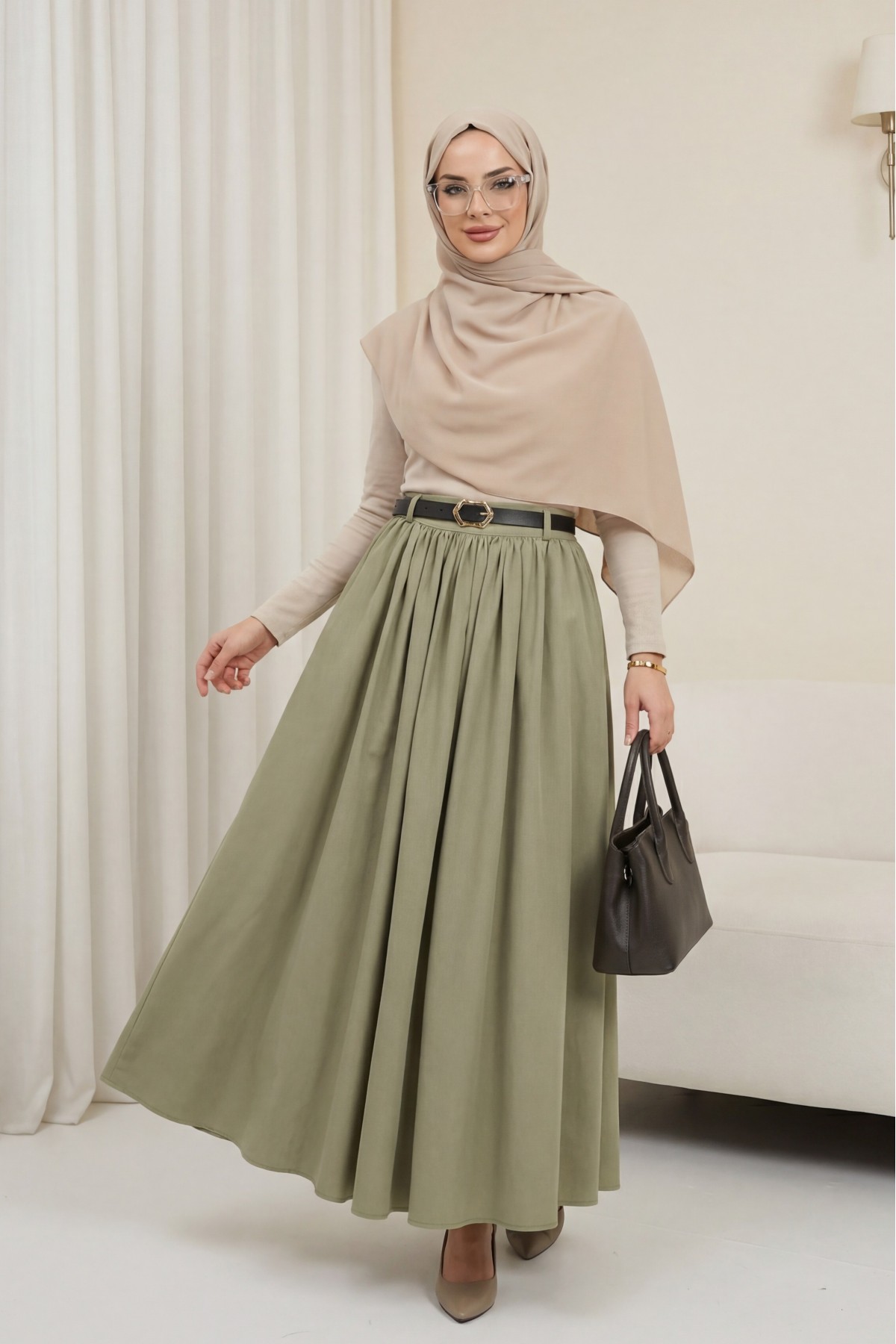 Tokalı Kemerli Piliseli Yan Cepli Fermuarlı Tivil Etek -Haki