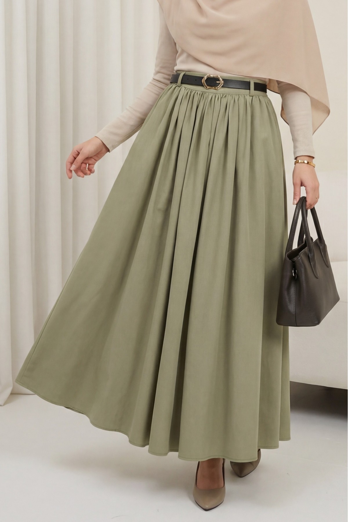 Tokalı Kemerli Piliseli Yan Cepli Fermuarlı Tivil Etek -Haki