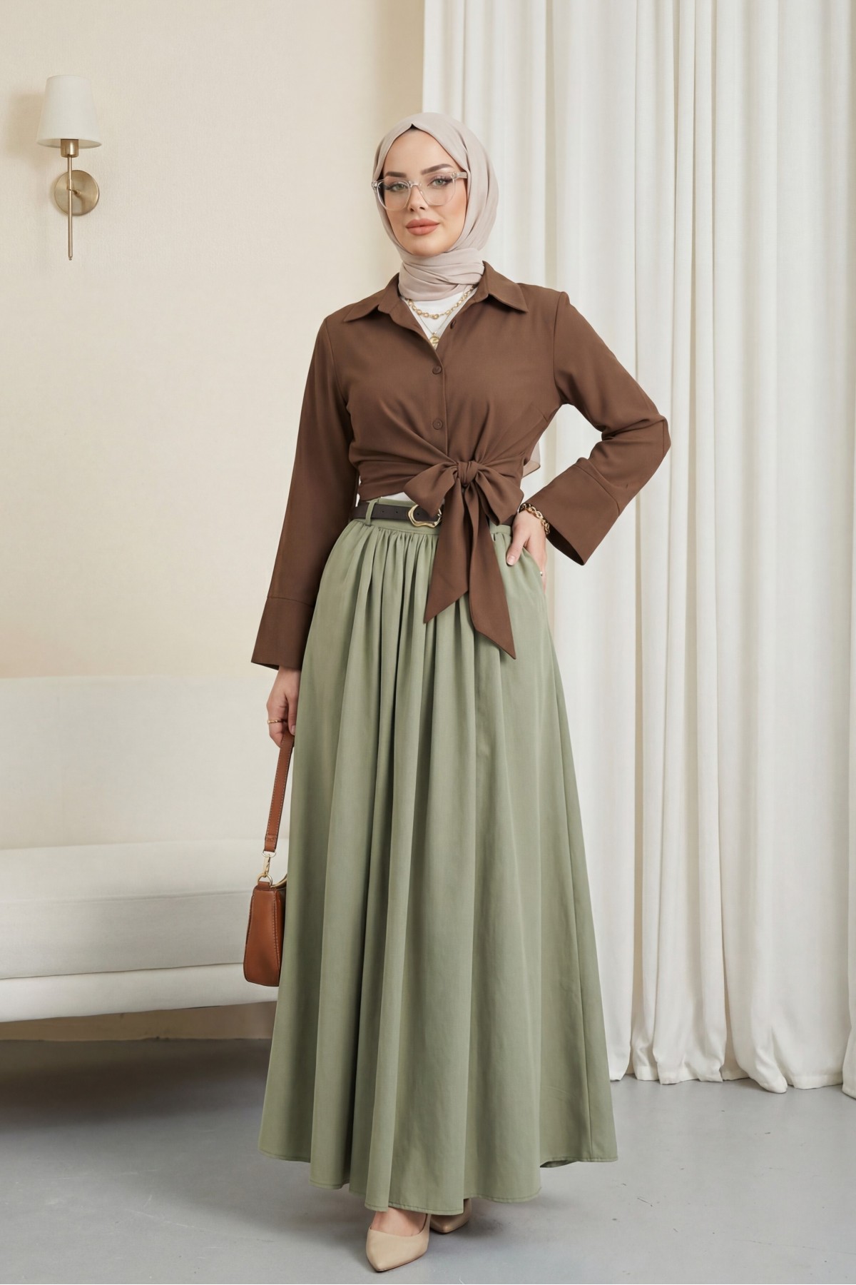 Tokalı Kemerli Piliseli Yan Cepli Fermuarlı Tivil Etek -Haki