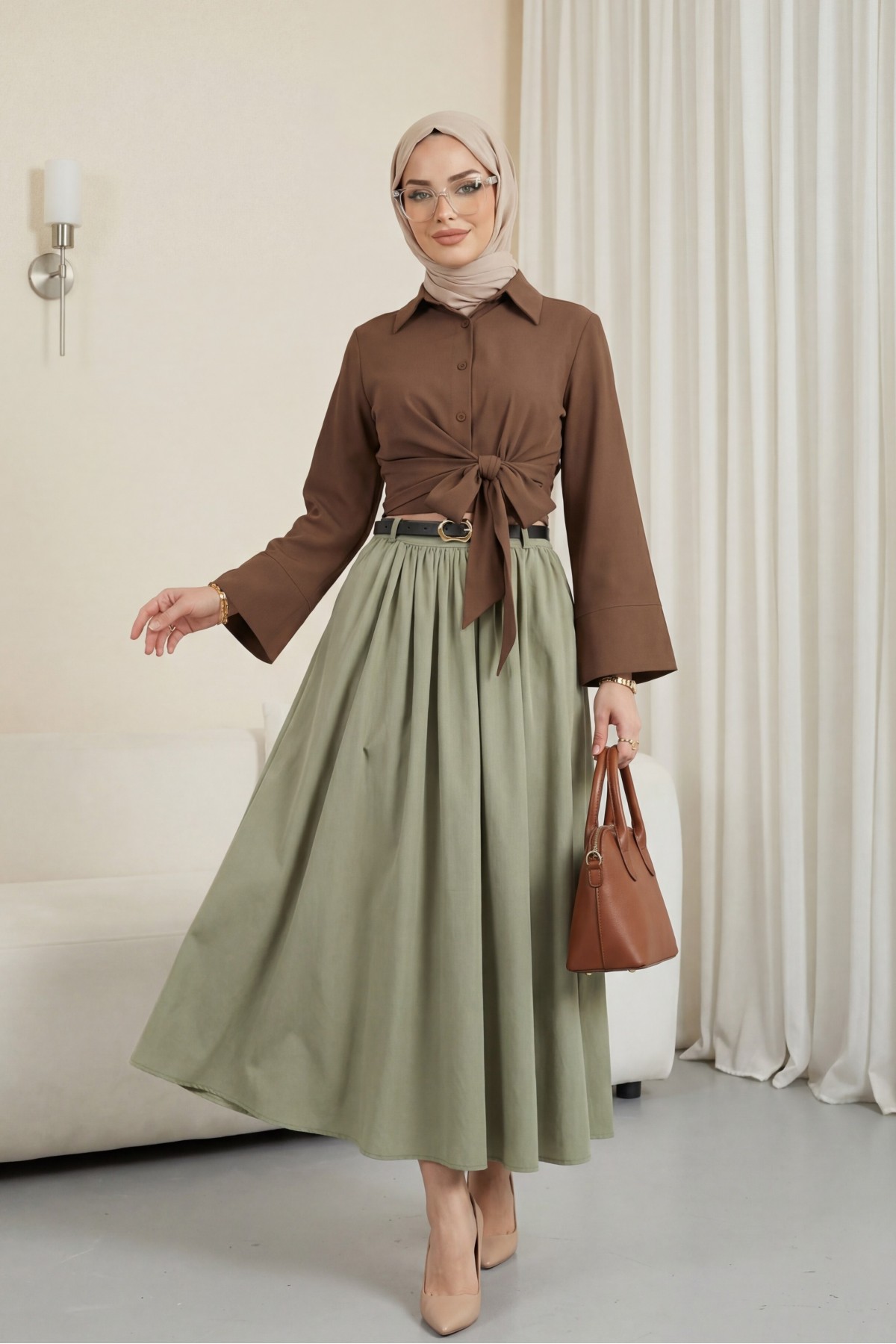 Tokalı Kemerli Piliseli Yan Cepli Fermuarlı Tivil Etek -Haki