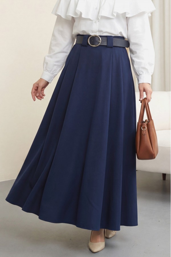 Kalın Kemerli Önü Pileli Yan Cepli Fermuarlı Tivil Etek -Laci