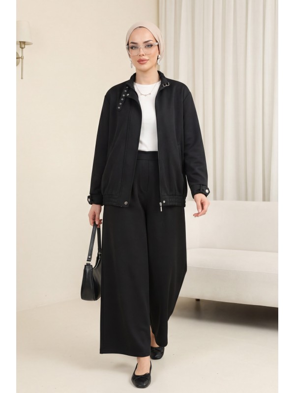 Yakası ve Kol Manşeti Kemerli Ceketli Pileli Bol Paça Pantolonlu Okyanus Takım -Siyah
