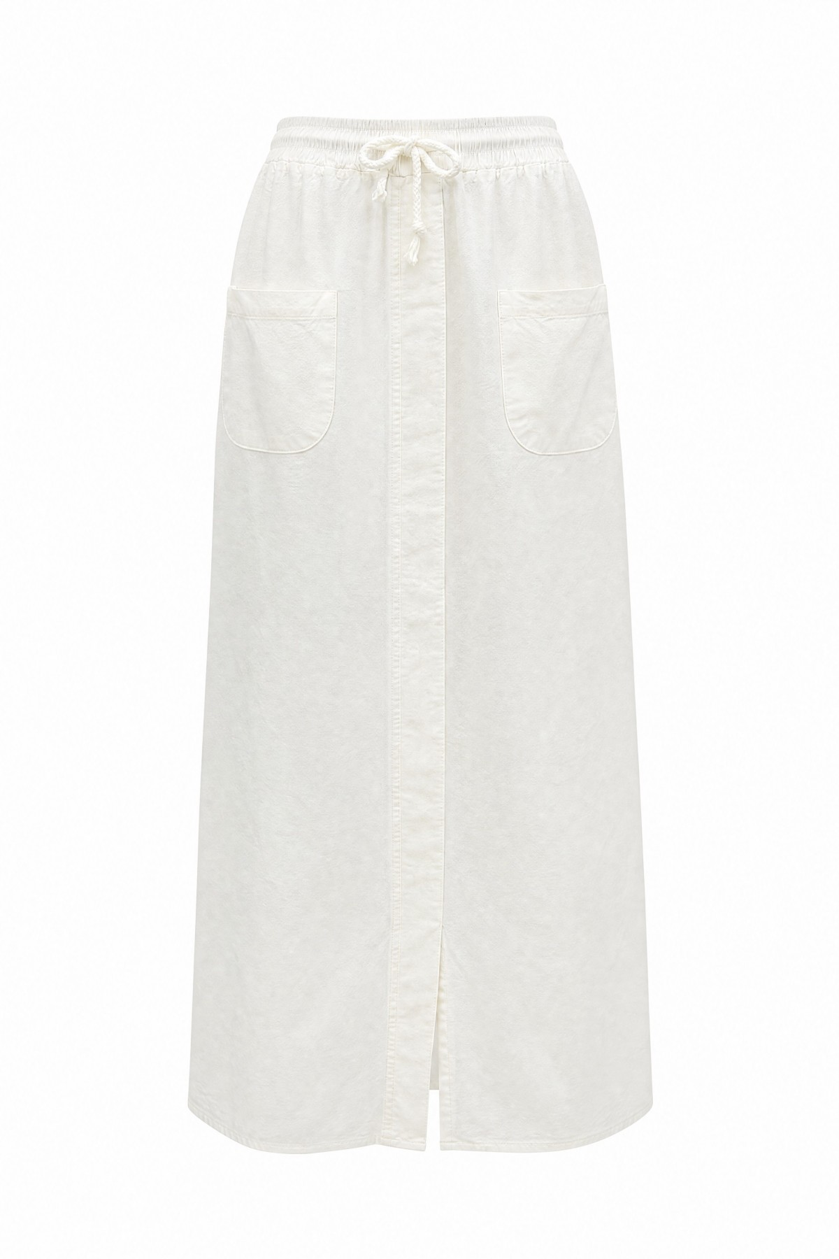 Linen-look skirt with elasticated waist and slit. -White
