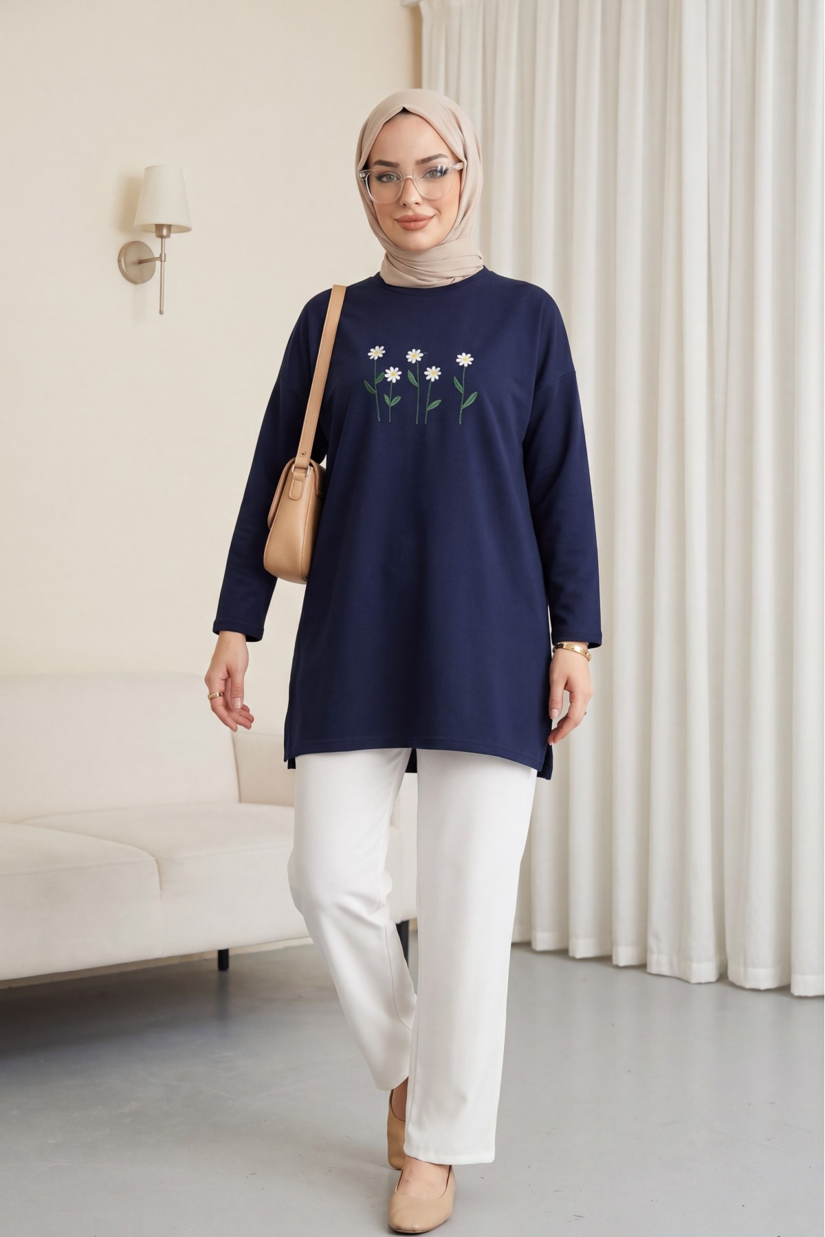 Round Neck Cotton Tunic with Daisy Embroidery -Navy blue