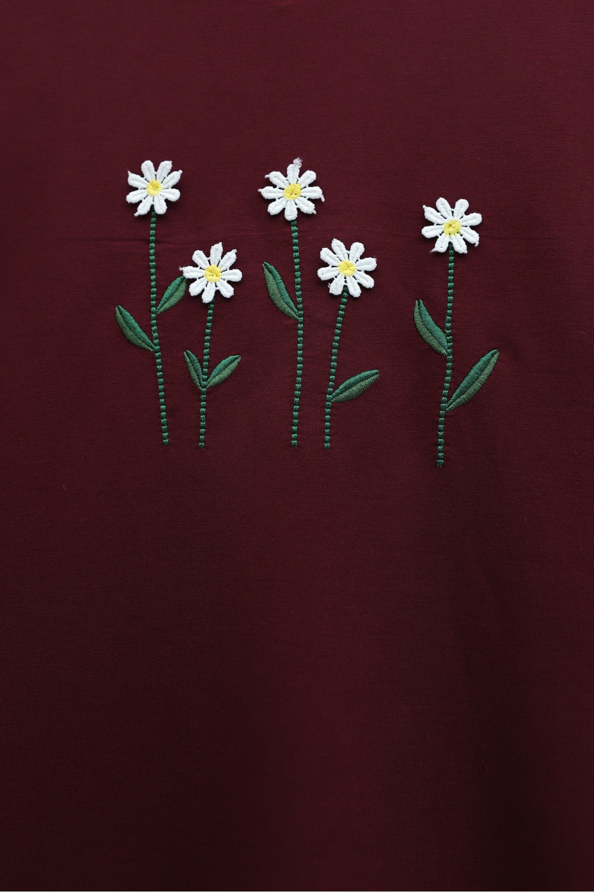 Round Neck Cotton Tunic with Daisy Embroidery -Maroon