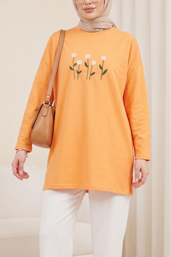 تونيك قطني برقبة دائرية مطرز بزهرة الأقحوان -البرتقالي