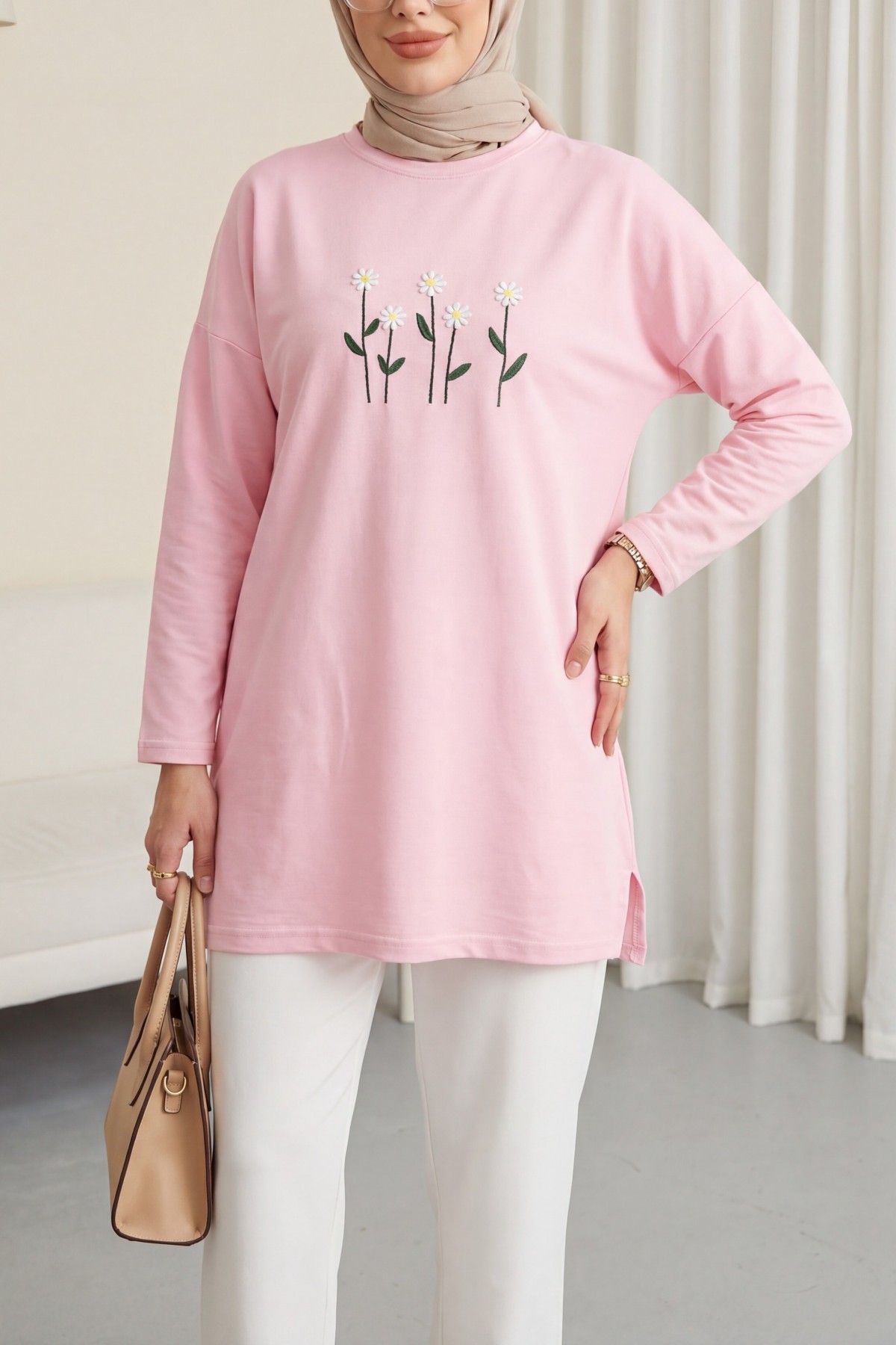 Round Neck Cotton Tunic with Daisy Embroidery -Pink