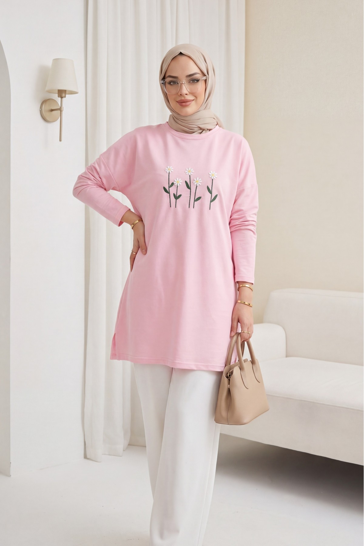 Round Neck Cotton Tunic with Daisy Embroidery -Pink
