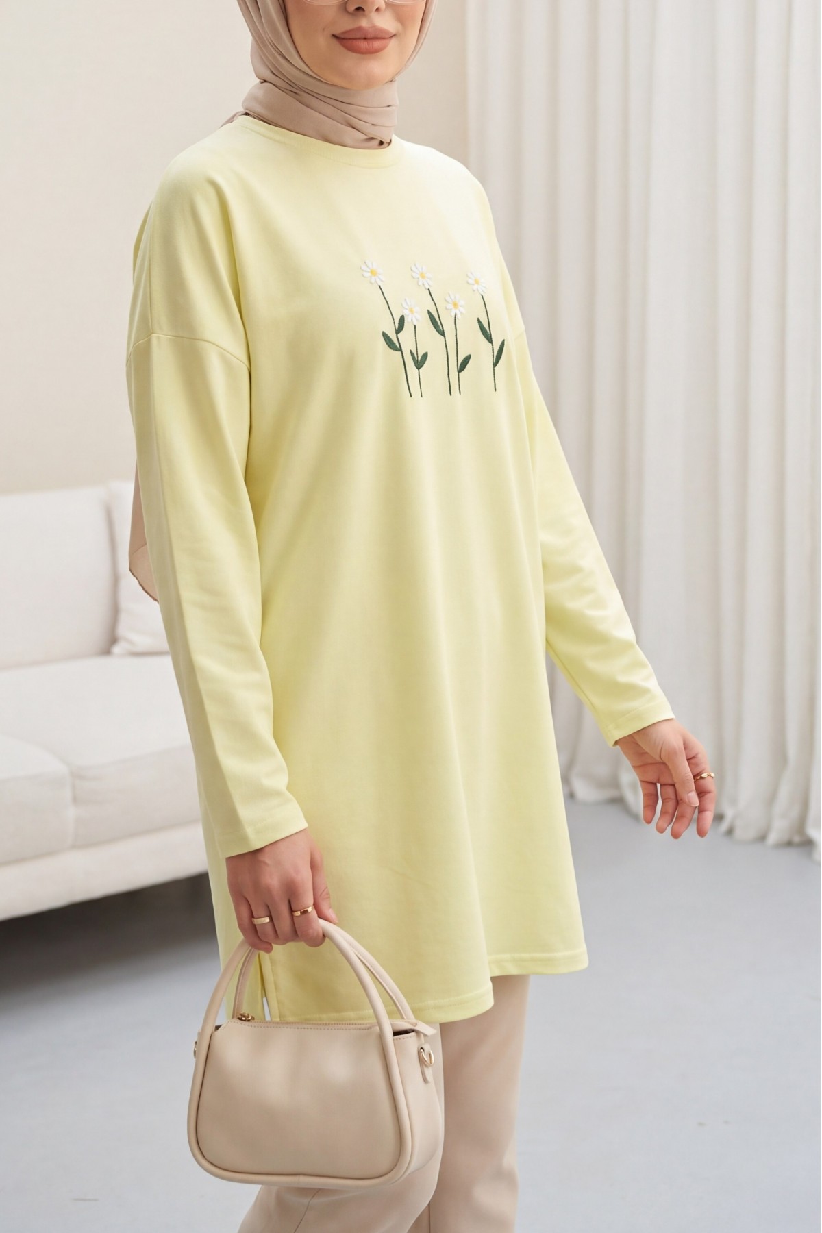 Round Neck Cotton Tunic with Daisy Embroidery -Light yellow