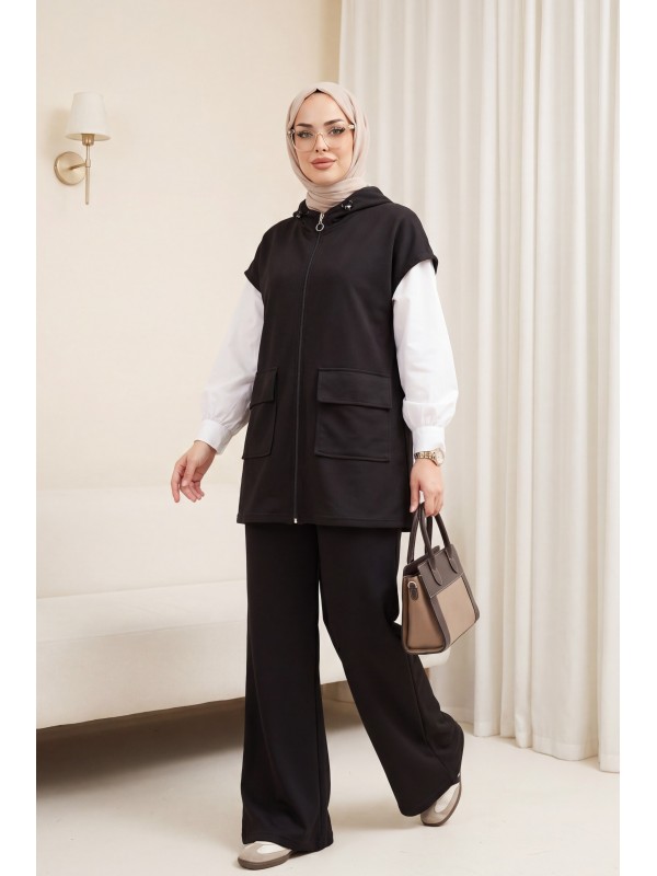 Yakası Lastik Detaylı Çift Cepli 2 İplik Penye Yelekli Takım -Siyah