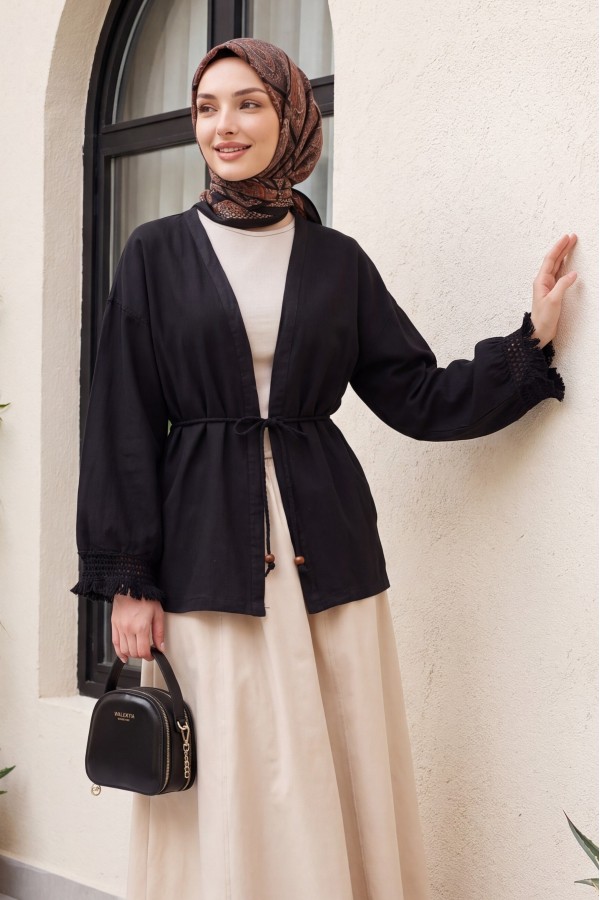 Linen Kimono with Tasseled Sleeves and Belted Waist  -Black