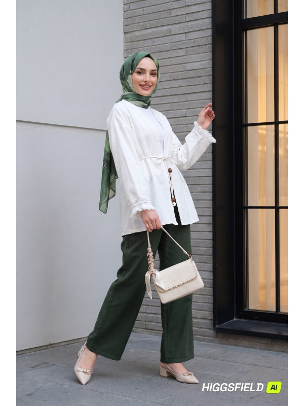 Kolları Püsküllü Beli Kemerli Keten Kimono -Ekru