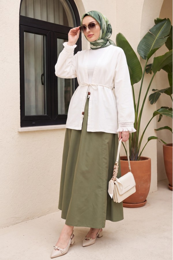 Linen Kimono with Tasseled Sleeves and Belted Waist -Ecru