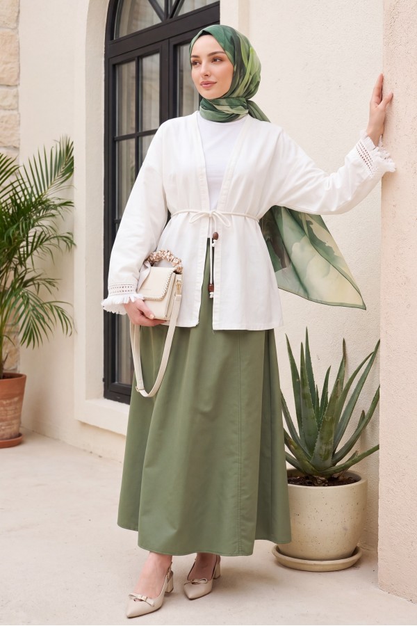 Linen Kimono with Tasseled Sleeves and Belted Waist -Ecru