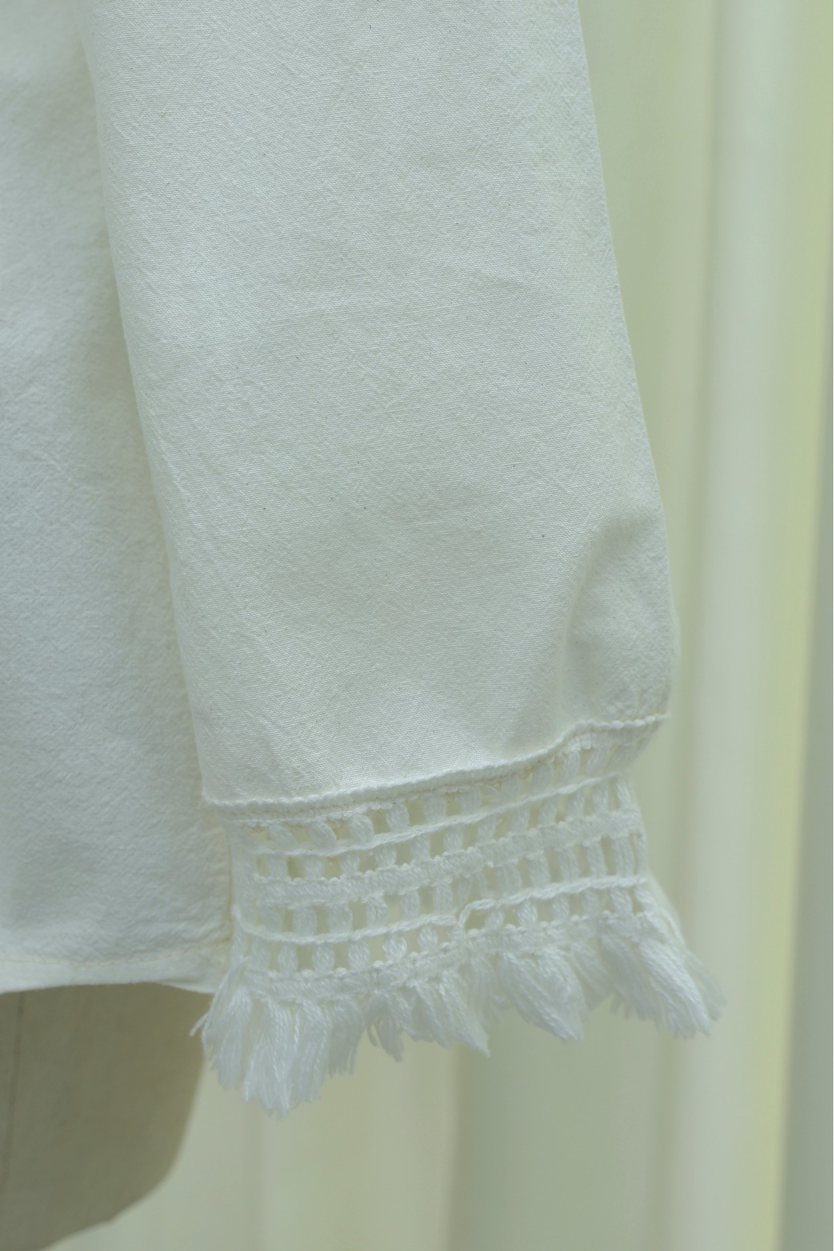 Linen Kimono with Tasseled Sleeves and Belted Waist -Ecru