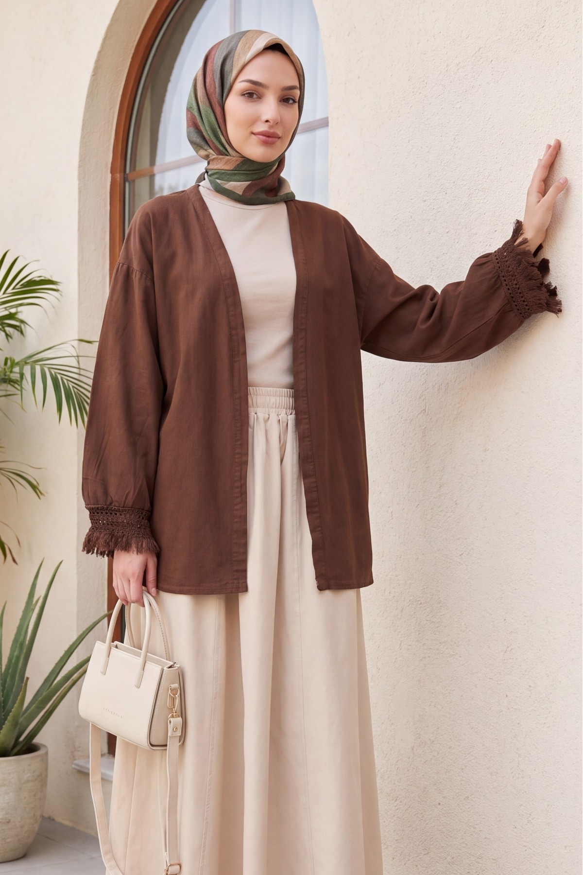 Kolları Püsküllü Beli Kemerli Keten Kimono  -Kahverengi