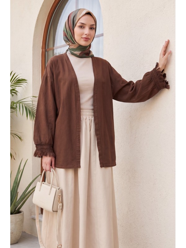 Kolları Püsküllü Beli Kemerli Keten Kimono  -Kahverengi