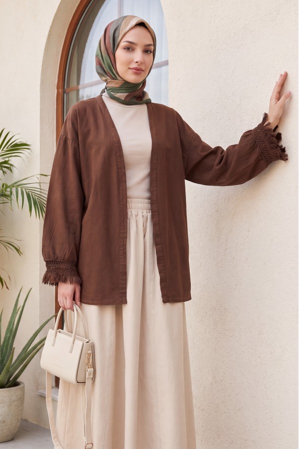 Linen Kimono with Tasseled Sleeves and Belted Waist  -Brown